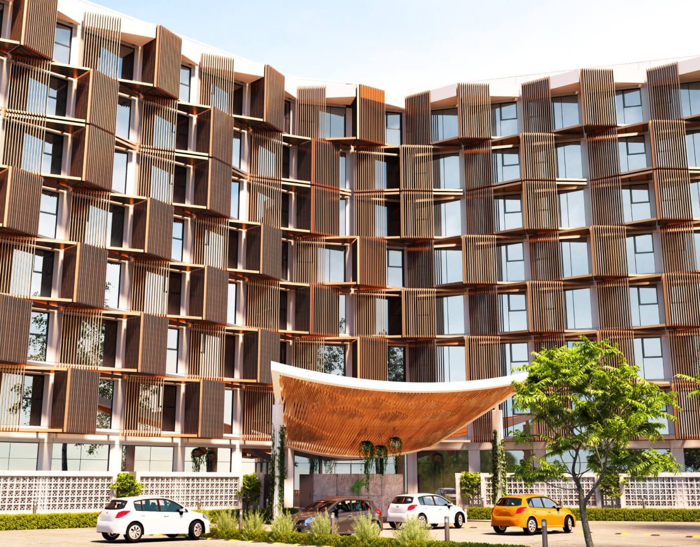 Modular hotel facade with timber screens