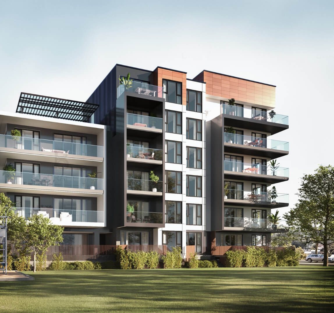 Modular apartment block with timber-clad top floors